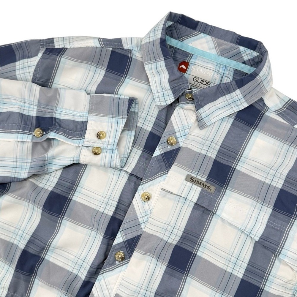 Simms Mens Large Shirt Long Sleeve Button Down Guide Series Fishing Plaid Blue